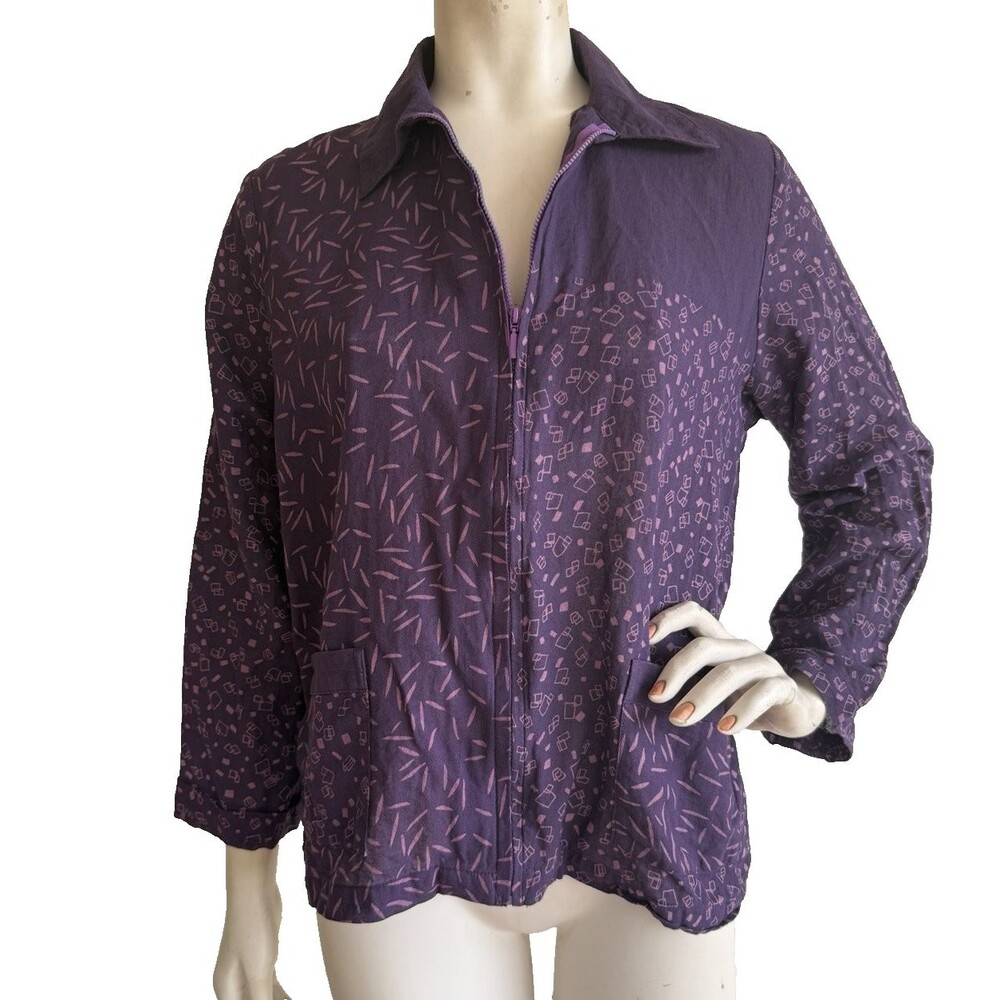 WATER LILY Jacket Purple Asian Art to Wear Zip Front Cotton Long Sleeve Size XL